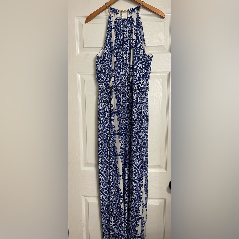 Bisou Bisou White & Blue Maxi Dress With Gold Chain Neck